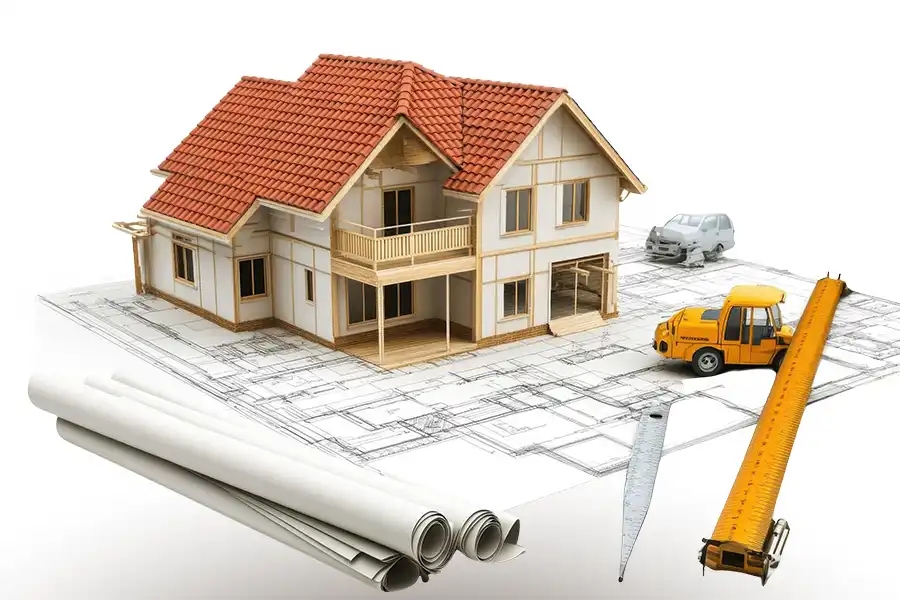 Omakotitalon mallinnos rakennuspiirustusten päällä.